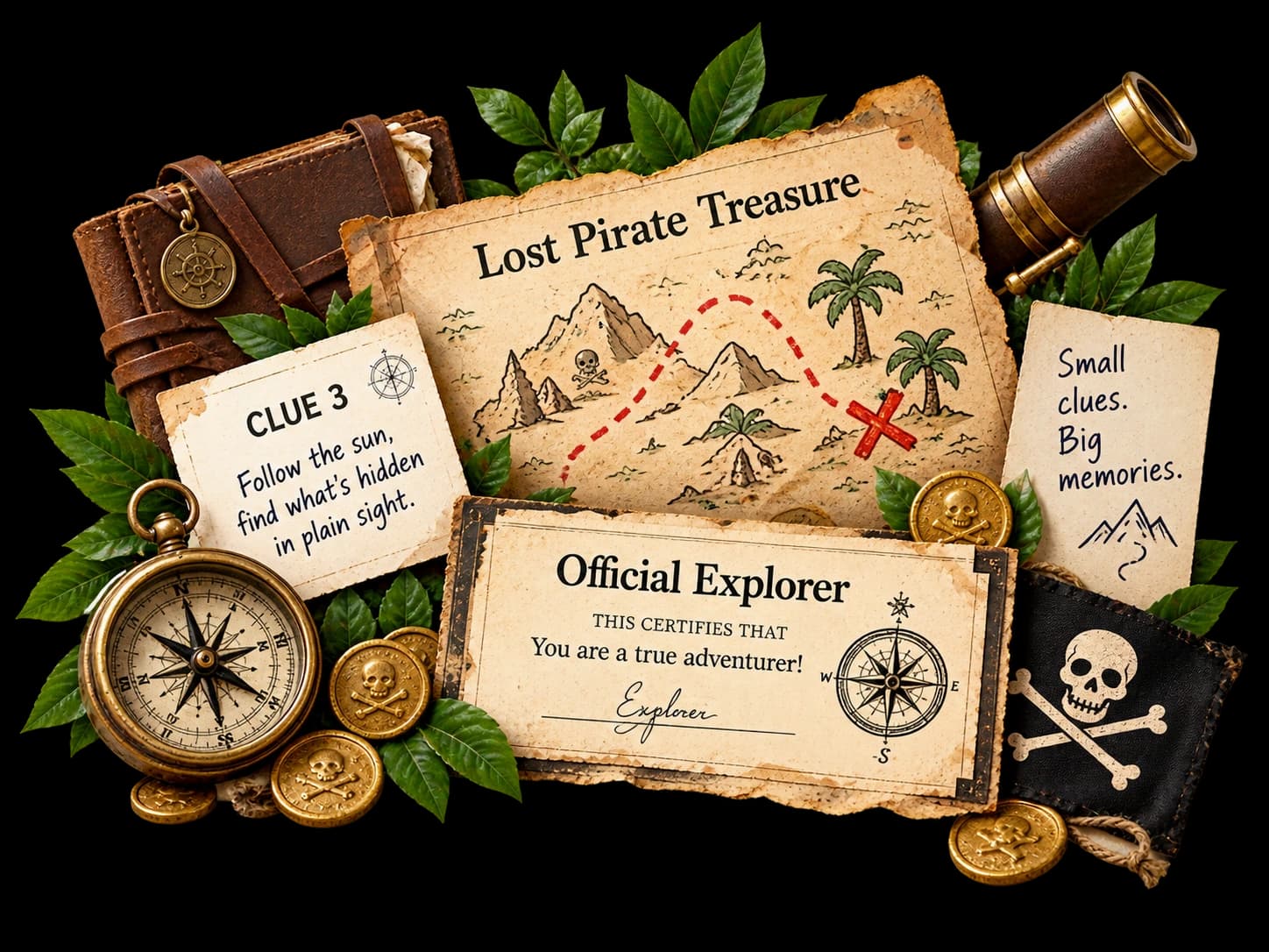 Example printable adventure kit: story pages, clue cards, treasure reveal card and achievement certificate